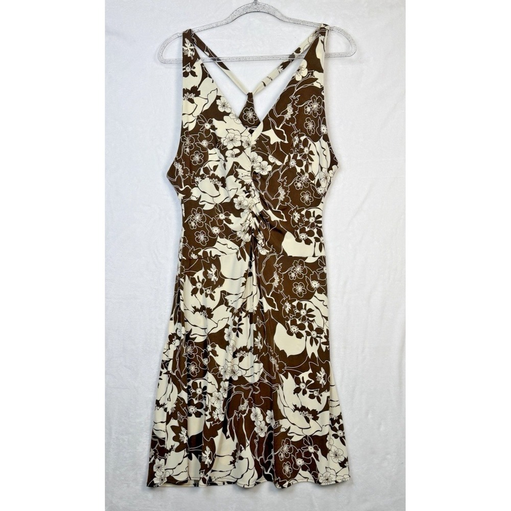 BCBG MAXAZRIA Floral Ruched Midi Halter Spring/Summer Cocktail Dress Ivory/Brown